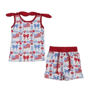 Conjunto de Ropa de 2 Piezas para Niñas, Camiseta y Pantalones Cortos de Algodón y Elastano con Estampado de Lazos de Flores y Bandera Americana para el 4 de Julio, Estilo Casual, para Primavera y Otoño - Product Image 1