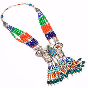 Natural <b>Turquoise</b> Coral Lapis Gemstone <b>Necklace</b>, Tibetan Silver Nepali Antique <b>Necklace</b>, Stock Jewelry - Product Image 1