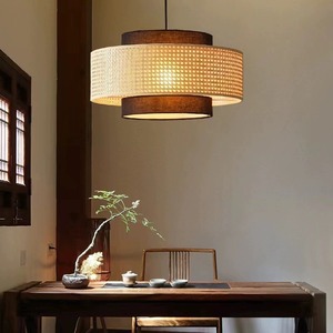 Lustre rond en rotin chinois, source lumineuse LED E26, luminaire suspendu à une seule tête pour restaurants, salons de thé, décoration zen - Product Image 4