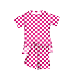 Conjunto GSSO3154 Personalizado para Niña Pequeña, Estampado a Cuadros Marrón y Blanco, Informal, de Lana Peinada, 95% Algodón, 5% Elastano, Manga Corta, para Toda Temporada - Product Image 6