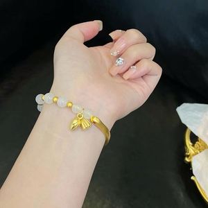 Bracelet jonc imitation jade perlé pour femme, bijou chinois, demi-bracelet jonc doré avec breloque lotus - Product Image 4