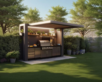 Meuble de cuisine extérieur moderne avec panneau de porte en panneau de particules acrylique, structure en acier inoxydable, évier et robinet intégrés mobiles