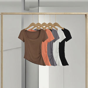 Camiseta plisada con cuello cuadrado para mujer, novedad de verano 2024, camisa informal Vintage 100%, tejido corto de poliéster sólido - Product Image 3