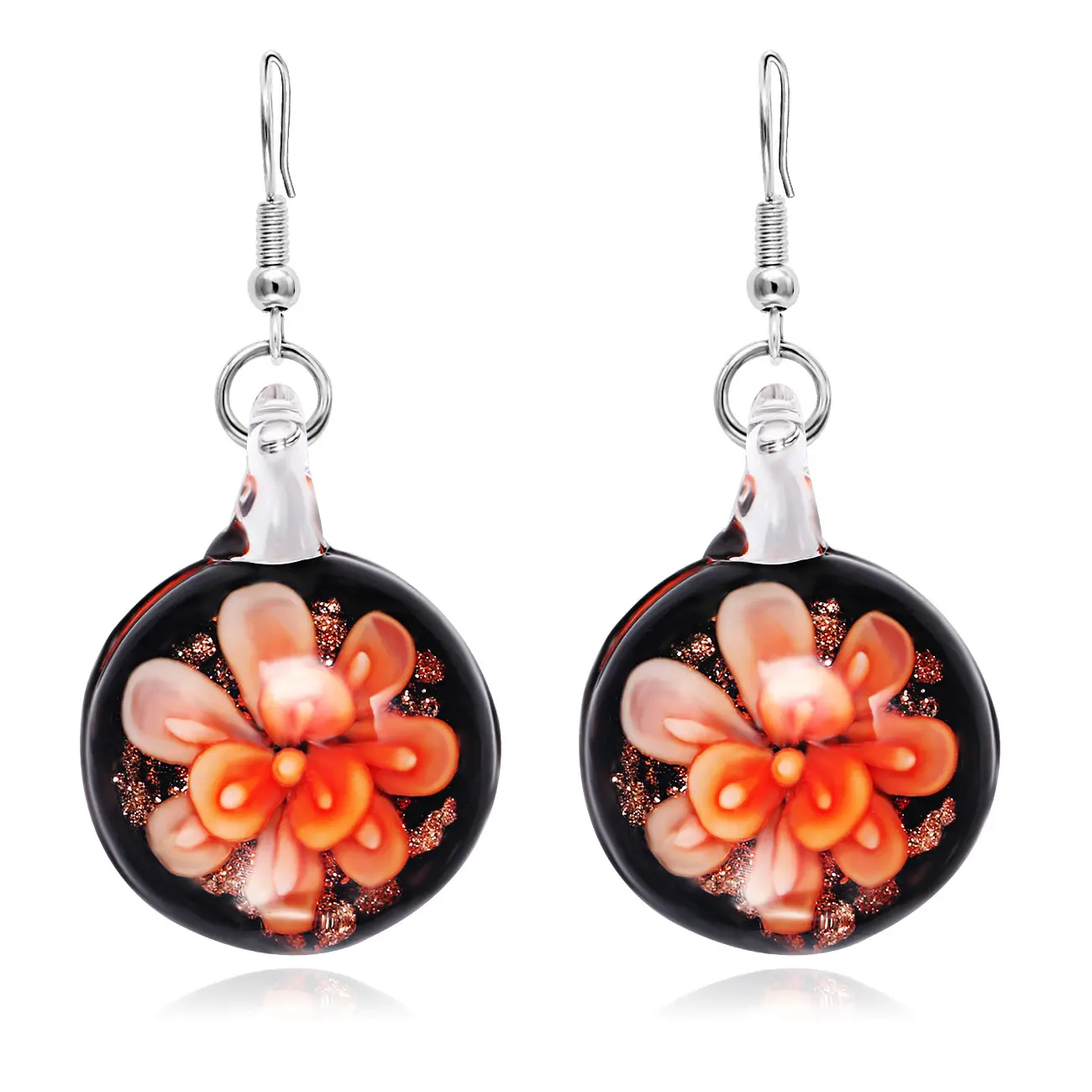 Handmade Murano Glazed Inner Flower Round Dangle Earrings with Black Backing