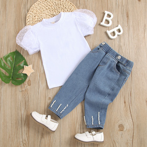 Conjunto de Ropa para Niñas, Camiseta de Algodón Puro con Manga Abullonada de Encaje, Jeans Casuales con Cuentas, Atuendo Cómodo para Bebés, Otoño Invierno - Product Image 3