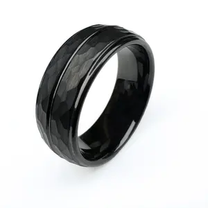 Wholesale 8MM Plating Black Grooved Hammered Tungsten Ring Mens Wedding Bands Ring Comfort Fit