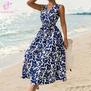 Loveda Wholesale 2025 Summer Women Beach <strong>Wear</strong> Polyester <strong>Blue</strong> Flower Printed V-neck Tie Maxi Dress - Product Image 4