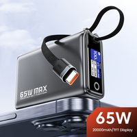 Batterie externe 65W à affichage numérique 20000mAh avec câble intégré 2-en-1, cordon tressé, 3 ports de sortie, chargeur de voyage léger