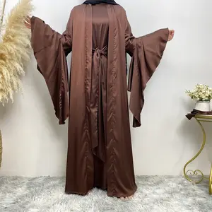उच्च गुणवत्ता सुरुचिपूर्ण दो टुकड़ा साटन सूट लंबी आस्तीन पोशाक प्लस खुला Abaya सूट दुबई मुस्लिम महिलाओं इस्लामी कपड़े