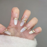 Faux ongles à presser faits main, style dessin animé français mignon, forme amande, dégradé transparent, avec motifs 3D (ours, étoile, nœud) et perles macaron, pour femmes, réutilisables au quotidien