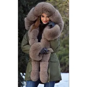 女式真皮草大衣袖口女式派克大衣厚冬季保暖天然皮草夹克长狐狸毛大衣