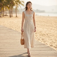 Robe midi pour femme, style streetwear d'été, en lin couleur avoine, col carré, bretelles larges, boutons latéraux, ceinturée, respirante, lavable, antistatique