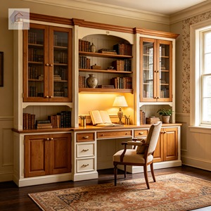 XINGRUO Bibliothèque Moderne Classique, Étagère sur Mesure avec Bureau, Grain de Bois Teinté Acajou, Ensemble de Bureau de Luxe Personnalisé - Product Image 1
