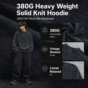 Wholesale <b>Men</b> 380G Solid Knit Sweatshirt Heavyweight Vintage Washed Oversized Crewneck Streetwear Supplier OEM Top Wear Bulk - Product Image 2