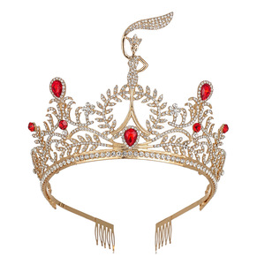 Couronne de concours personnalisée en cristal, diadème de reine de beauté en strass rouge, bijou de cheveux de mariée plaqué or pour femme - Product Image 1