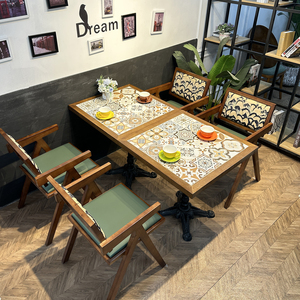 Bàn ghế quán cà phê phong cách retro, kết hợp bàn gỗ và ghế, mặt bàn đá gạch, bàn vuông kiểu bar phương Tây, bàn ghế nhà hàng kiểu phương Tây - Product Image 6