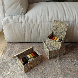 Handmade Straw Woven <b>Storage</b> Box With Lid Rectangle Clothing Organizer For Living Room Bedroom <b>Storage</b> <b>Basket</b> - Product Image 1