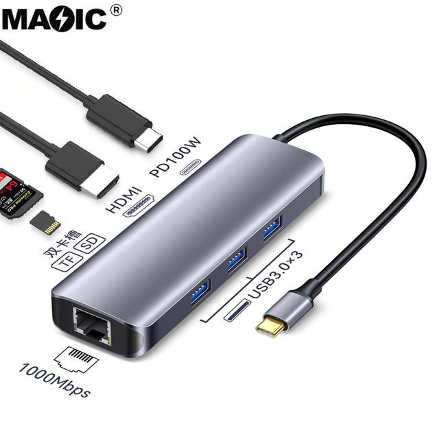 OEM 8 in 1 Type-C Hub Multiport Dock Station with 4K HDMI USB3.0 Gigabit RJ45 SDTF USB-C PD 100W Charging Adapter USB C Hubs