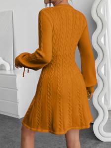 Vestido fino de malha com decote em v, elegante manga lanterna, roupas femininas para outono e inverno - Product Image 3