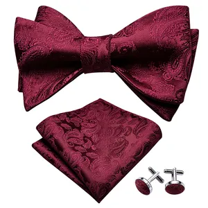 wholesale mens red floral polyester bow tie cufflink and pocket square set for wedding party