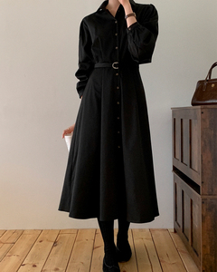 Robe midi élégante noire pour femme, à manches longues, ceinturée, col boutonné, coupe trapèze ample, pour le bureau et le travail en automne - Product Image 1