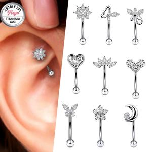 Bijoux de piercing corporel en Titane ASTM F136 : Piercings d'oreille (Rook, Daith), Boucles d'oreilles à barre courbée avec fleur en zircon, Piercings de nombril, Piercings de sourcil - Product Image 1