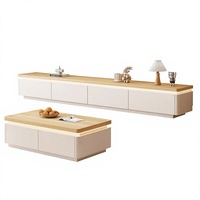 Ensemble table basse et meuble TV mobile en aluminium blanc crème aux coins arrondis, style nordique moderne, pour petit espace, salon minimaliste