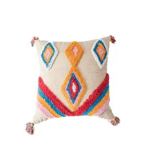 Tufted Boho Throw Pillow Cover Decorative Morocco Tribal Handmade Pillowcase Woven Accent Cushion Case for Sofa Bedroom 18*18