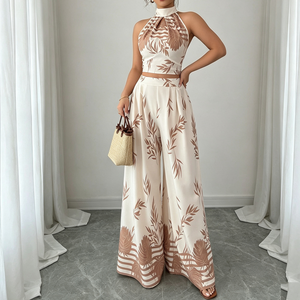 Ensemble assorti d'été bohème en satin imprimé feuilles de palmier pour femme, comprenant un crop top dos nu à nouer et un pantalon palazzo à jambes larges, deux pièces - Product Image 2