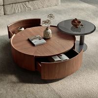 Table basse ronde en bois de noyer avec base en métal, style moderne et simple, table basse de salon avec rangement, table d'appoint en verre