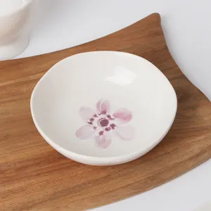 Ceramic Soy Sauce Dishes White Stoneware Dip Dish Small Saucer Plate With Flower Design For Restaurant