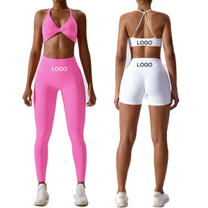 Spandex personnalisé, élasthanne, soutien-gorge de sport extensible dans les 4 sens, dos nu, torsadé sur le devant, shorts de yoga respirants, pantalons, leggings de gymnastique, 3 pièces, ensembles de yoga - Product Image 1