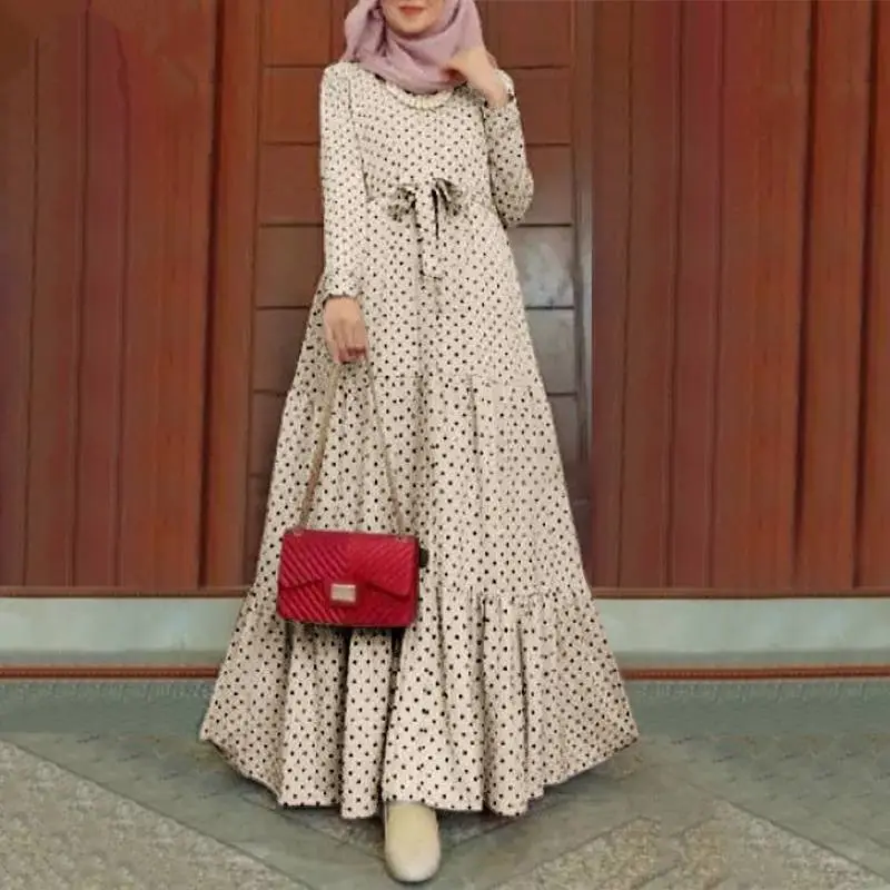 S-5XL Herbst Langarm Plus Size Marok kanis che Maxi gedruckt Muslim Polka Dot Teil Abend Frauen Freizeit kleid