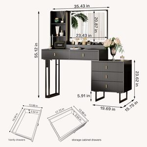 Coiffeuse noire moderne avec <span class=keywords><strong>miroir</strong></span> LED à commande tactile, 5 tiroirs et étagères de rangement, table de maquillage rétractable - Product Image 2