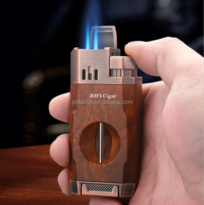 JOFI Smoke Wholesale Refillable Customized 2 Jets Blue Flame Butane Gas Cigar Cigarette Torch <b>Lighter</b> Custom Logo Cigar V-cutter - Product Image 2