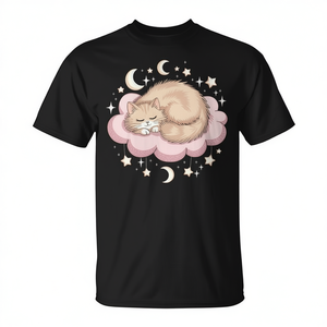 Camiseta con diseño de gato escapista y fantasioso durmiendo en una nube, divertida y ligeramente trágica, diseño promocional - Product Image 2