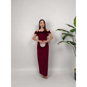 Vestido de Noche Elegante Negro de Satén con Hombros Descubiertos, Volantes y Cintura Natural, Modelo 3021 - Product Image 4