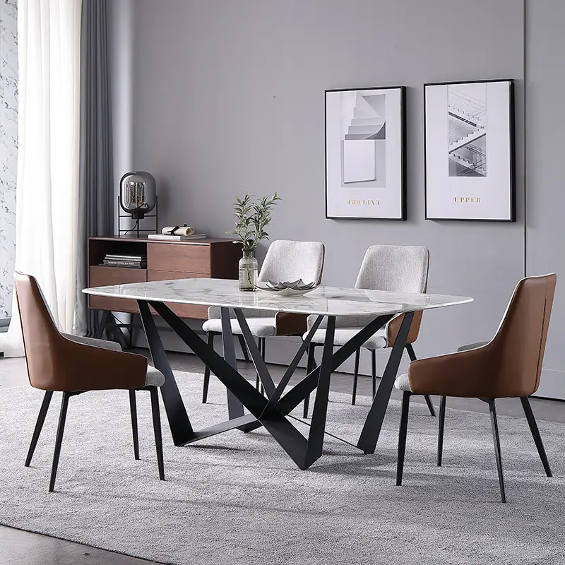 Table à manger style industriel moderne, en fonte, avec base en marbre, 6 chaises