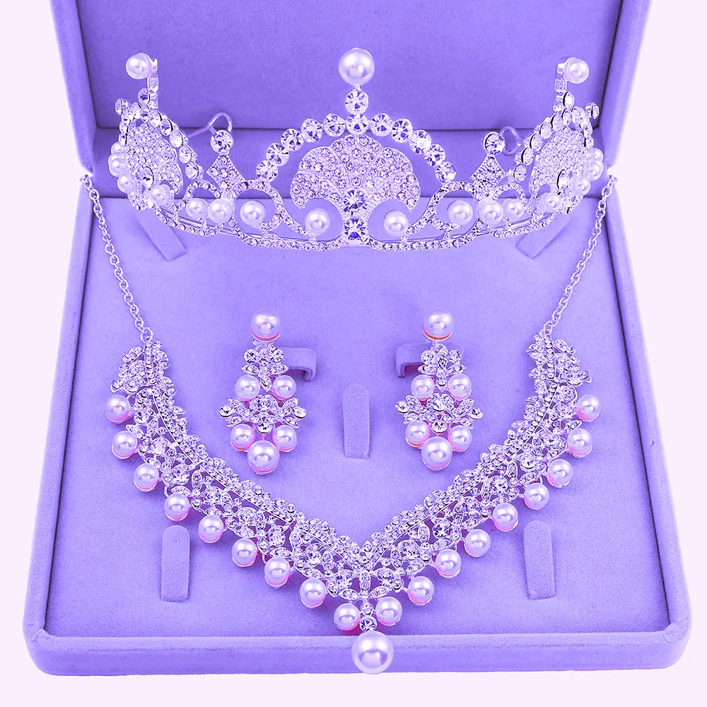 Rhinestones Pearl Bridal Tiara Crown Crystal Jewelry Set Wedding Bridal Hair Accessories Jewelry 3pcs set