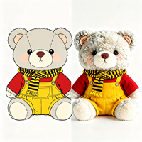 Peluche Ours Gris Kawaii, Adorable Animal en Peluche avec Écharpe Rayée et Salopette Jaune, Doux et Moelleux