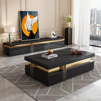 Ensemble de table basse et meuble TV convertible moderne de luxe avec plateau en acier inoxydable et ardoise pour salon, villa, maison