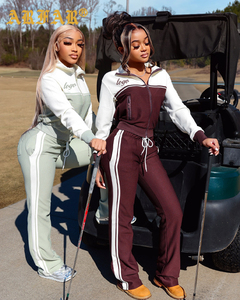 Ensemble de survêtement 2 pièces pour <span class=keywords><strong>femme</strong></span> avec logo personnalisé, veste zippée color block et pantalon évasé, tenue décontractée pour le golf et le <span class=keywords><strong>fitness</strong></span> - Product Image 1