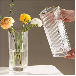 Vasi di vetro e cristallo per la casa all'ingrosso con il cilindro ad anello dorato e il <span class=keywords><strong>vaso</strong></span> da pavimento moderno di lusso quadrato - Product Image 3