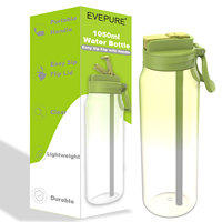 Nouvelle bouteille d'eau EVEPURE 35oz/1050ml sans BPA en Tritan transparent, à large ouverture, anti-fuite, réutilisable, avec paille rabattable, pour les voyages et les activités de plein air