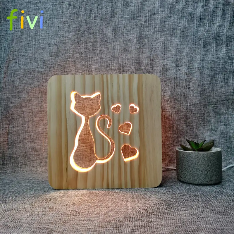 Wooden Lamp Animal Cute Cat Lamp 3D USB Led Table Light Switch Control Wood Carving Lamp