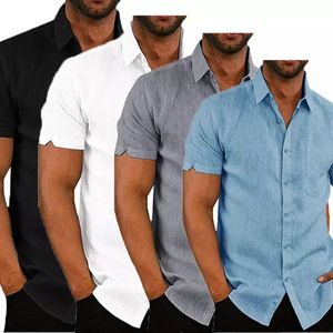 Chemises de Luxe à Manches Courtes pour <span class=keywords><strong>Homme</strong></span>, Col <span class=keywords><strong>Chemise</strong></span> Décontracté Ample en Lin, avec Poche Poitrine – Noir, Blanc, Gris, Bleu - Product Image 3