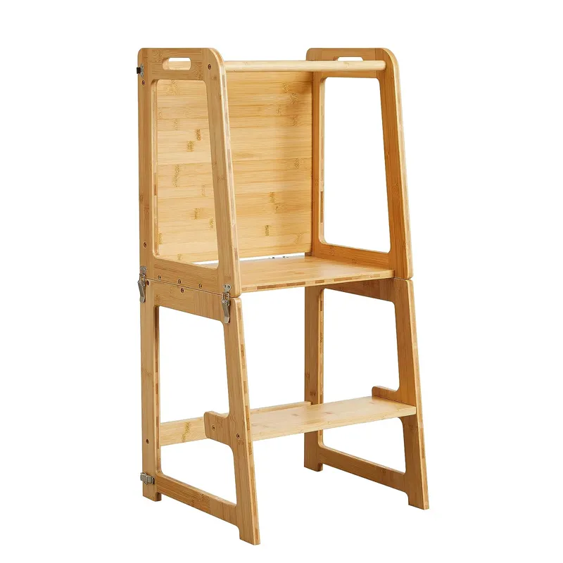 4-in-1 Standing Tower for Toddlers and Kids Bamboo Kitchen Learning Helper Stool with Chalkboard, Desk Table, and Chair