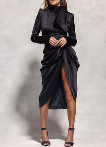 2024 özelleştirilmiş yüksek kaliteli kadın elbise siyah saten kurdele detay Midi elbiseler rahat yönlü Slim Fit parti elbise - Product Image 5