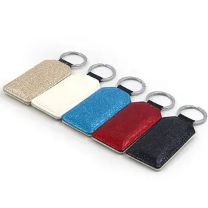 hot sale factory price sublimation glitter PU Leather key chain colorful customized leather key chain rectangle rings keychain