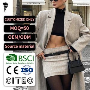 Conjunto de Traje de Mujer a Rayas Personalizado al por Mayor, Blazer con Chaqueta Larga y Minifalda, Conjunto de 2 Piezas, Blazer con Falda Tejida para Mujer - Product Image 1